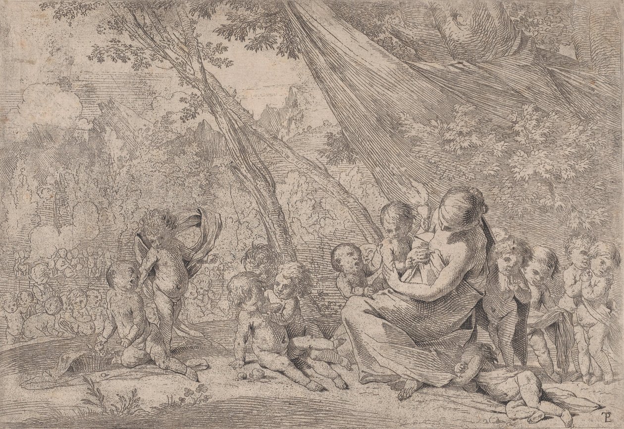 A jótékonyság kertje, jobbra a Szeretetet képviselő nő, gyerekekkel körülvéve, ..., kb. 1631-37. alkotó: Pietro Testa