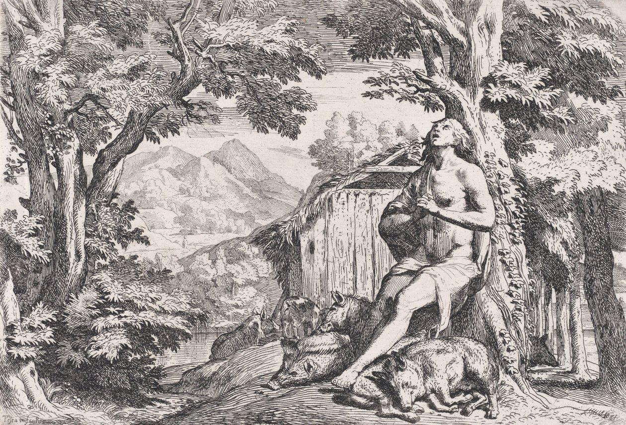A tékozló fiú a disznók között, négy lenyomatból álló sorozatból, kb. 1645. alkotó: Pietro Testa