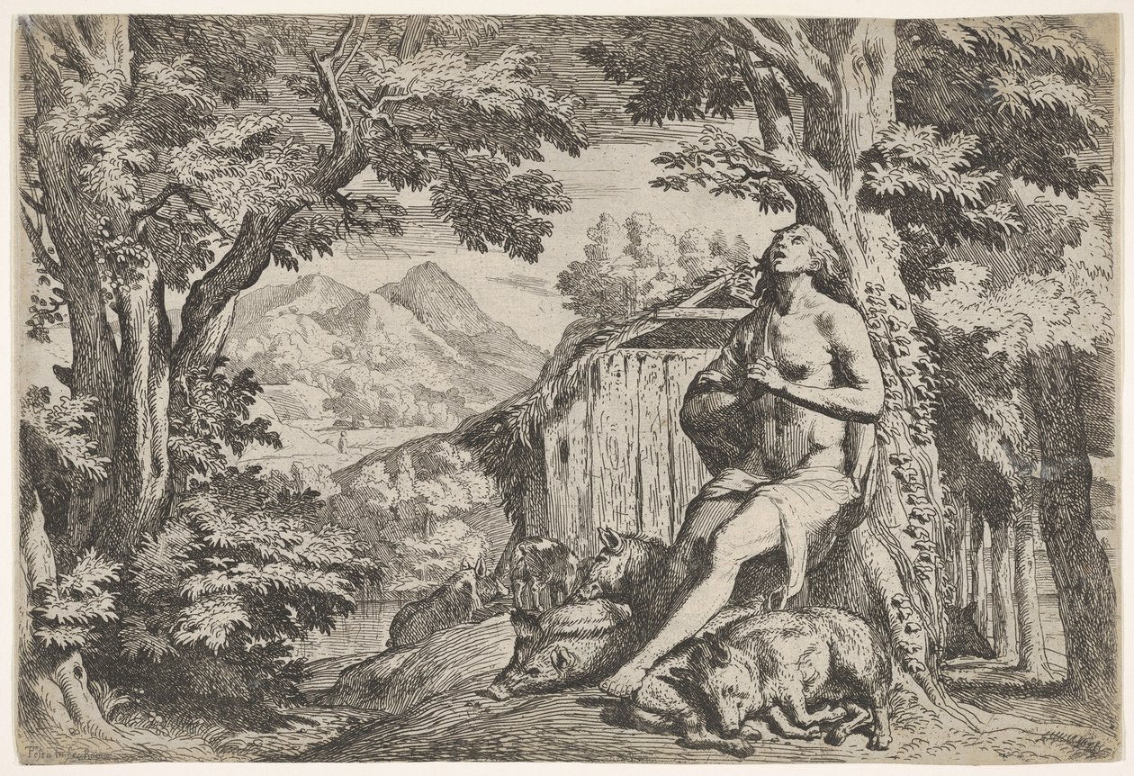 A tékozló fiú egy fa tövében ül a sertések között, tekintetét felfelé irányítva..., kb. 1640-50. alkotó: Pietro Testa