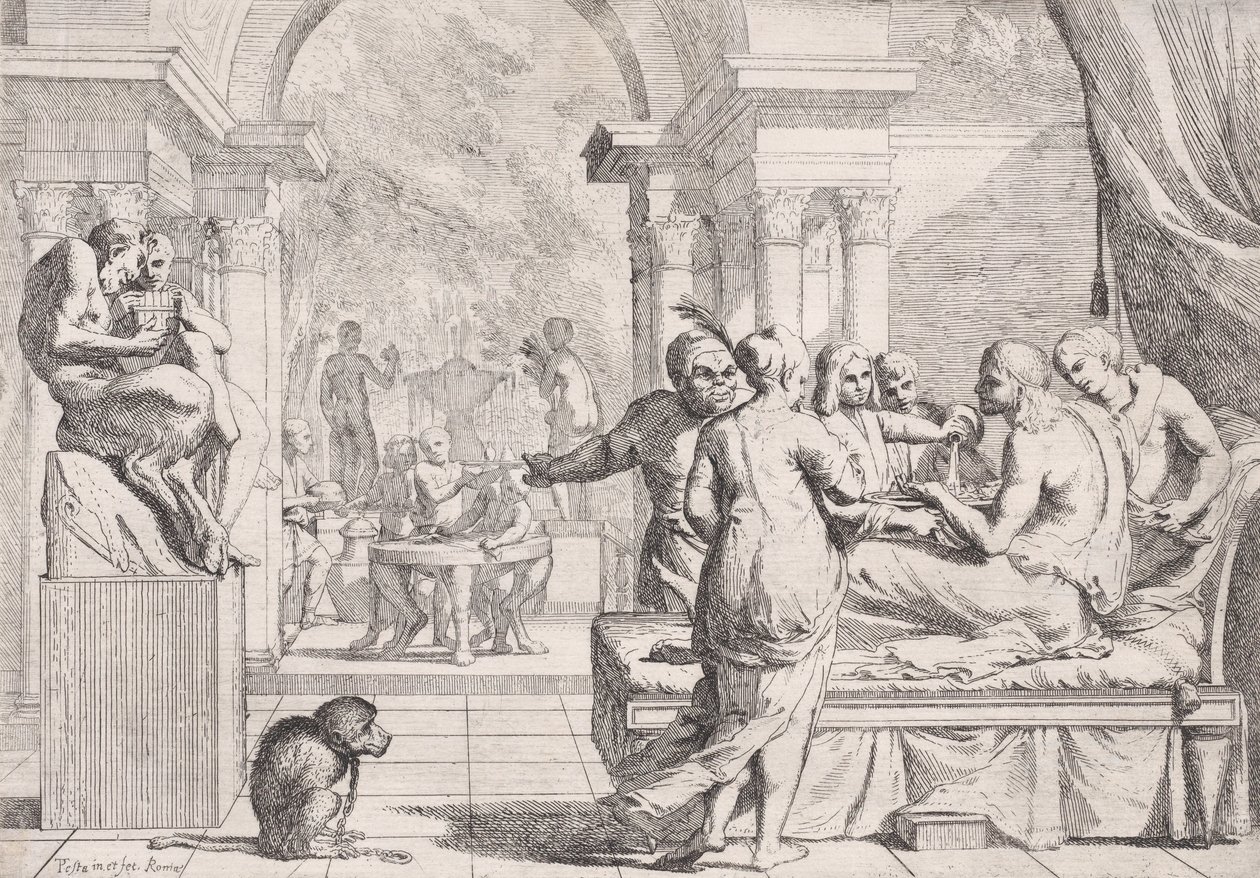 A tékozló fiú a kanapén ülve bort szolgálnak fel, a háttérben mulatozók, egy mo..., kb. 1645. alkotó: Pietro Testa