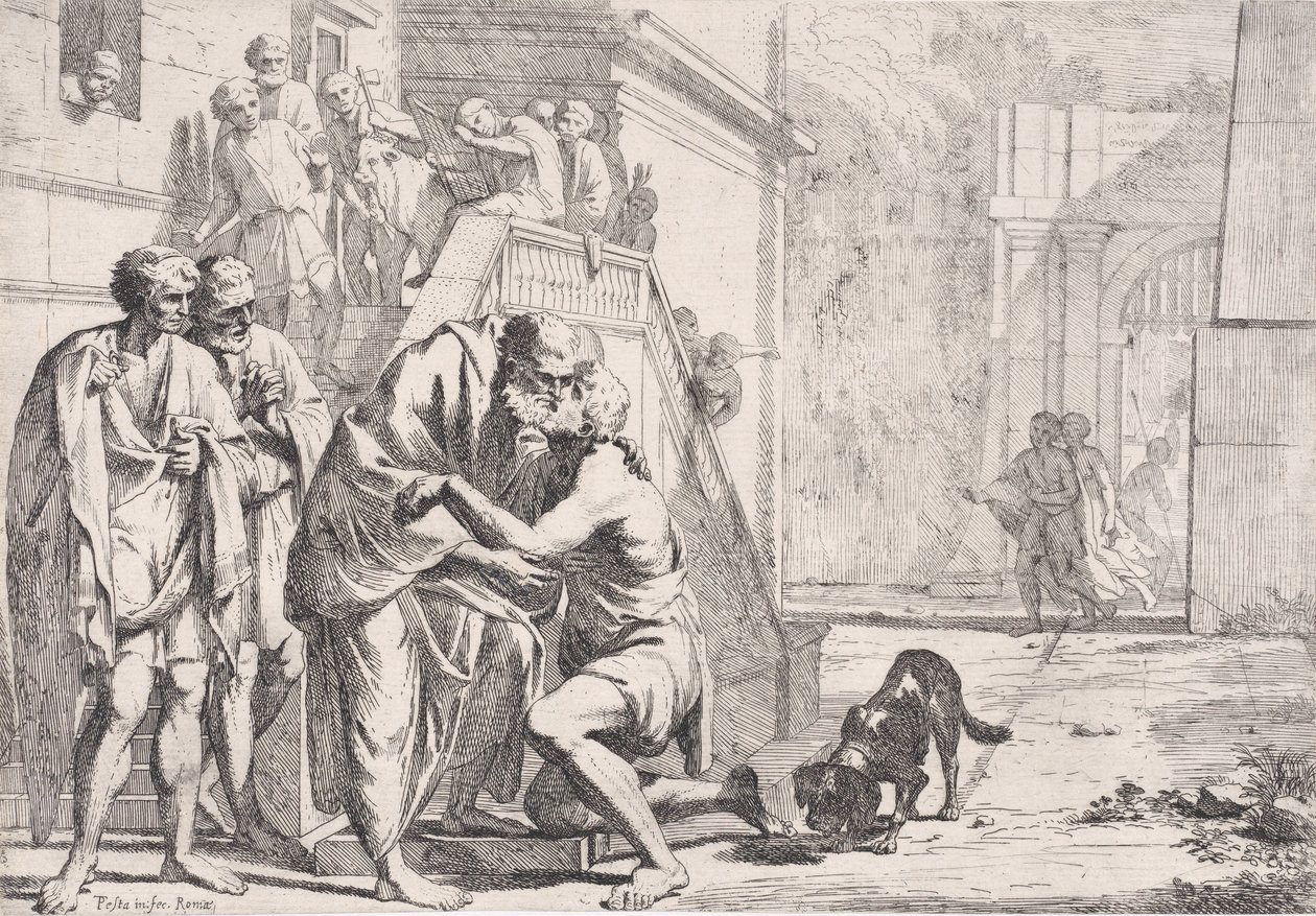 A tékozló fiú visszatérése, a fiát ölelő apa egy sorozatból,..., kb. 1645. alkotó: Pietro Testa