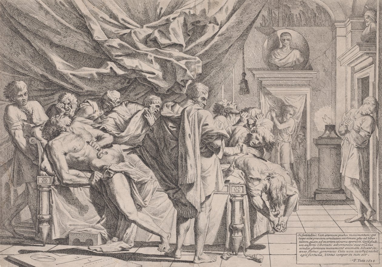 Cato filozófus öngyilkosságát, aki az ágyán fekszik, és kihúzza a bensőjét, nézte a..., 1648. alkotó: Pietro Testa