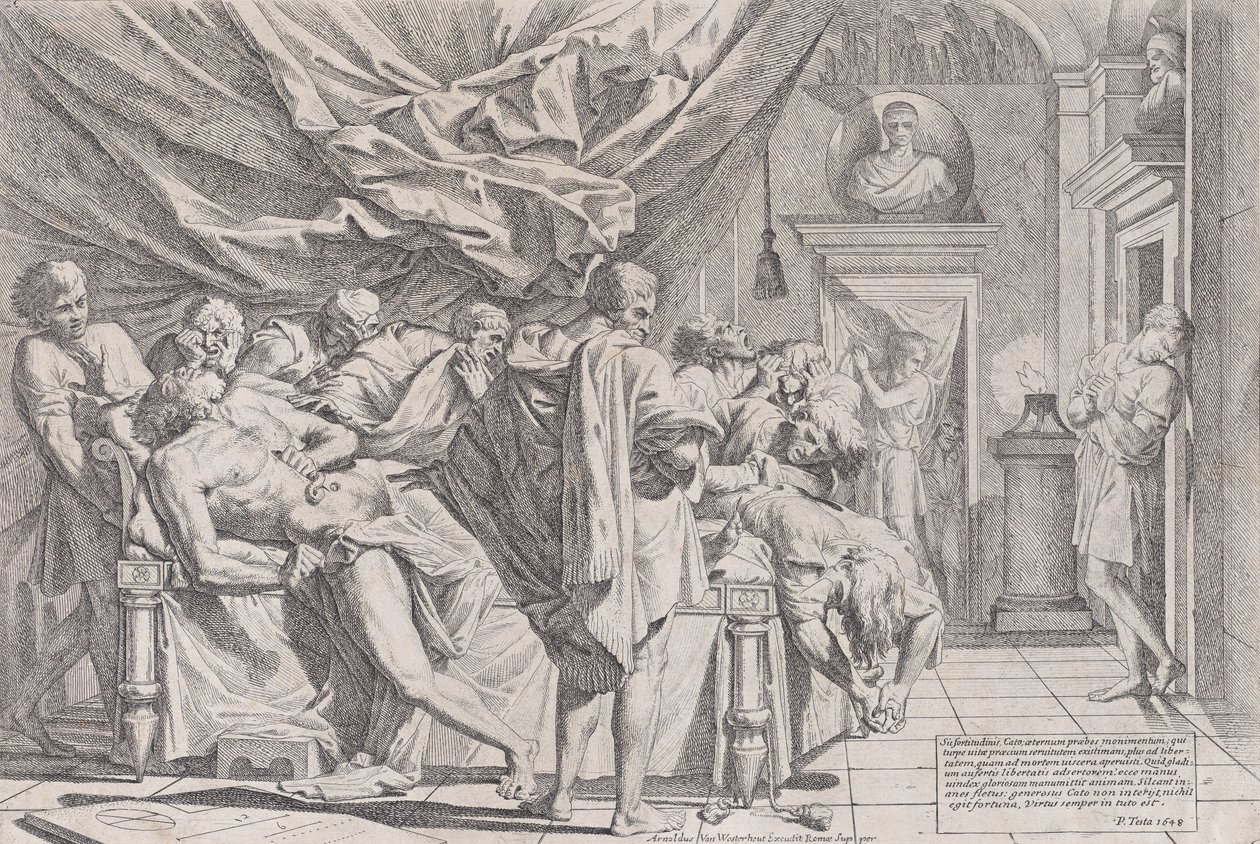 Cato filozófus öngyilkosságát, aki az ágyán fekszik, és kihúzza a bensőjét, nézte a..., 1648. alkotó: Pietro Testa