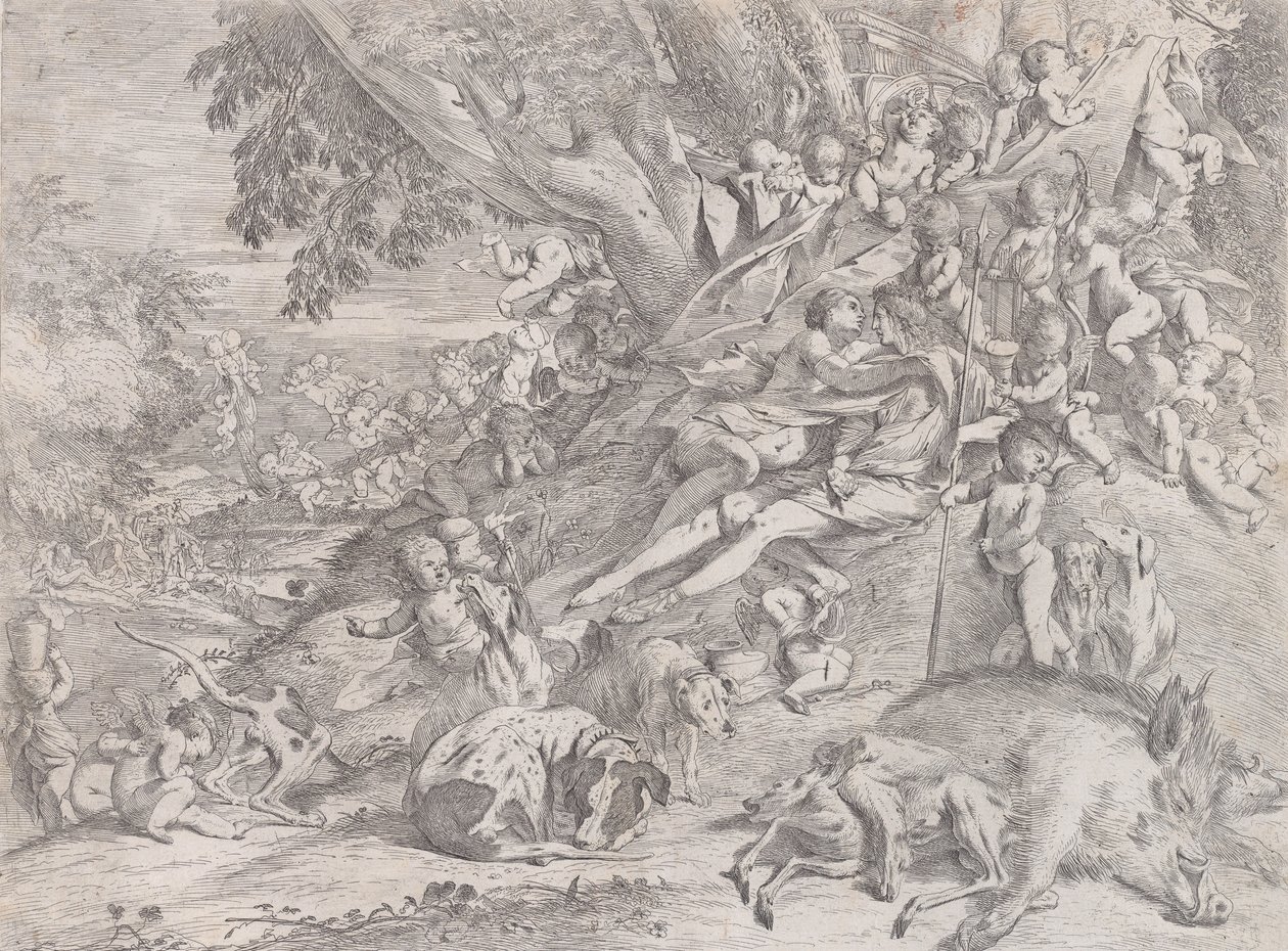 Vénusz és Adonisz, sok puttival körülvéve, a vadászat után hátradőlve, egy döglött vaddisznóval..., 1631-37. alkotó: Pietro Testa