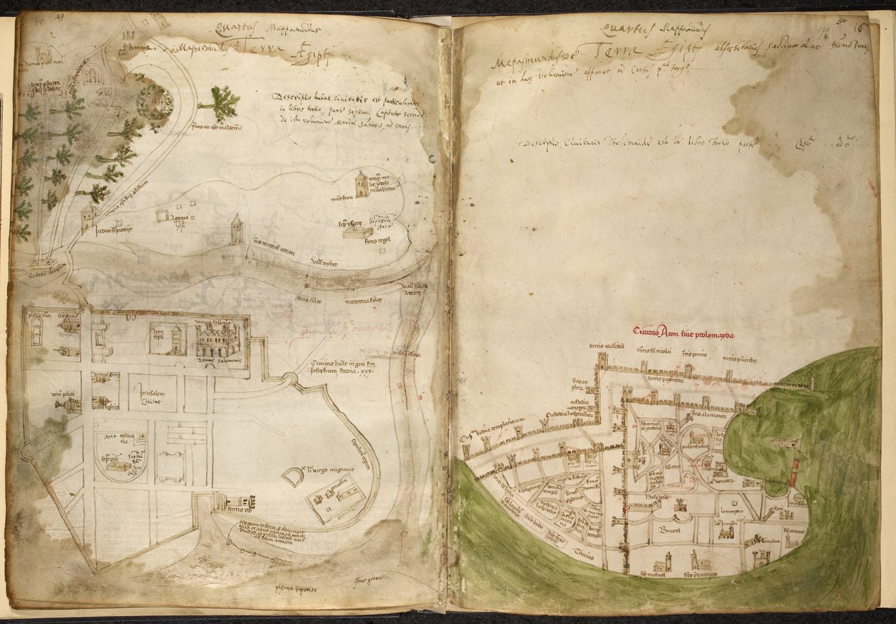 Jeruzsálem és Acre térképei, Marino Sanudo Torsello, „A kereszt híveinek titkai könyve”, 1320-1325 körül (testszín pergamenen) alkotó: Pietro Vesconte