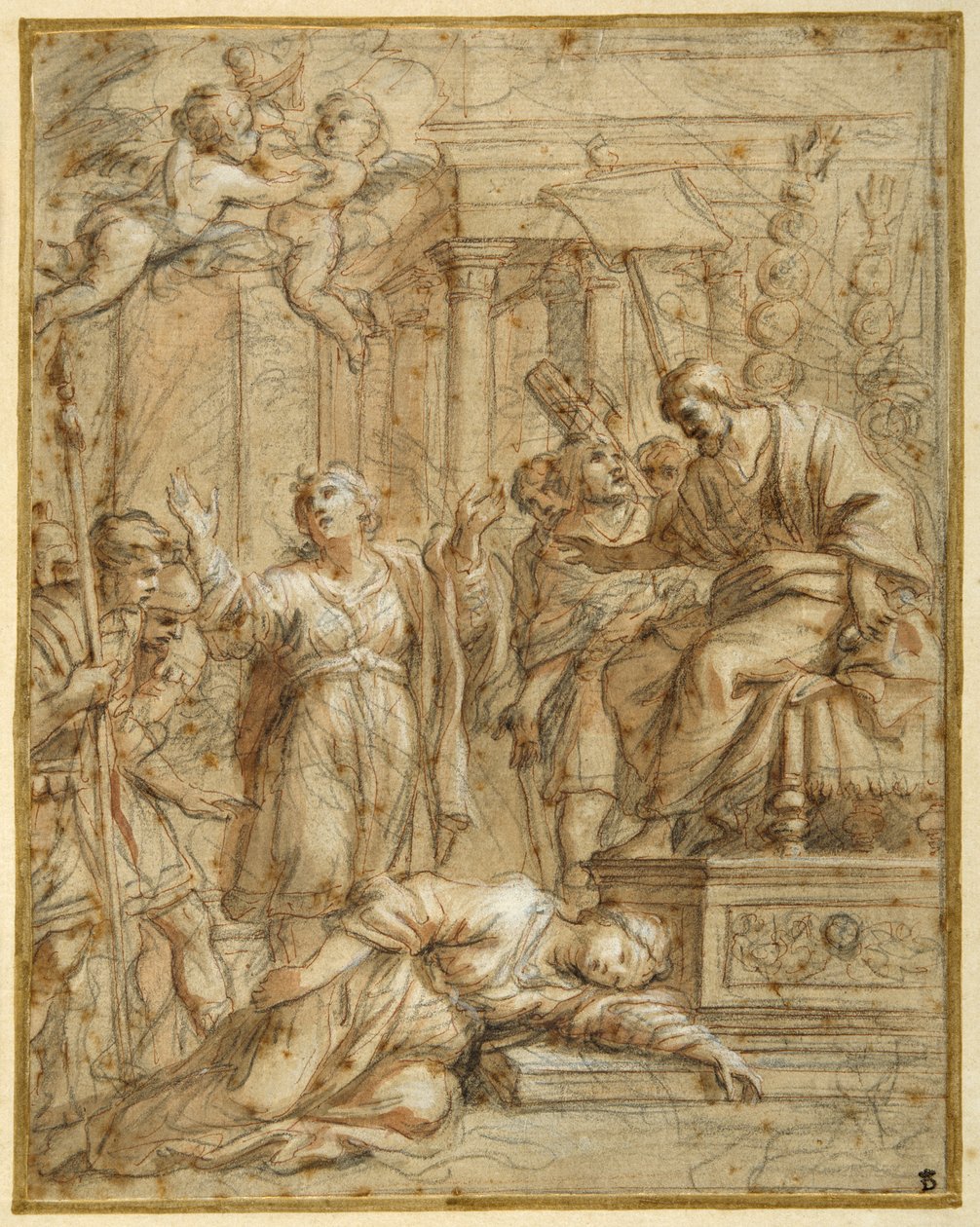 Szent Bibiana vértanúként fekszik Apronianus prefektus előtt (fekete kréta tollal és tintával, és papíron mosható) alkotó: Pietro da (1596 1669) Cortona