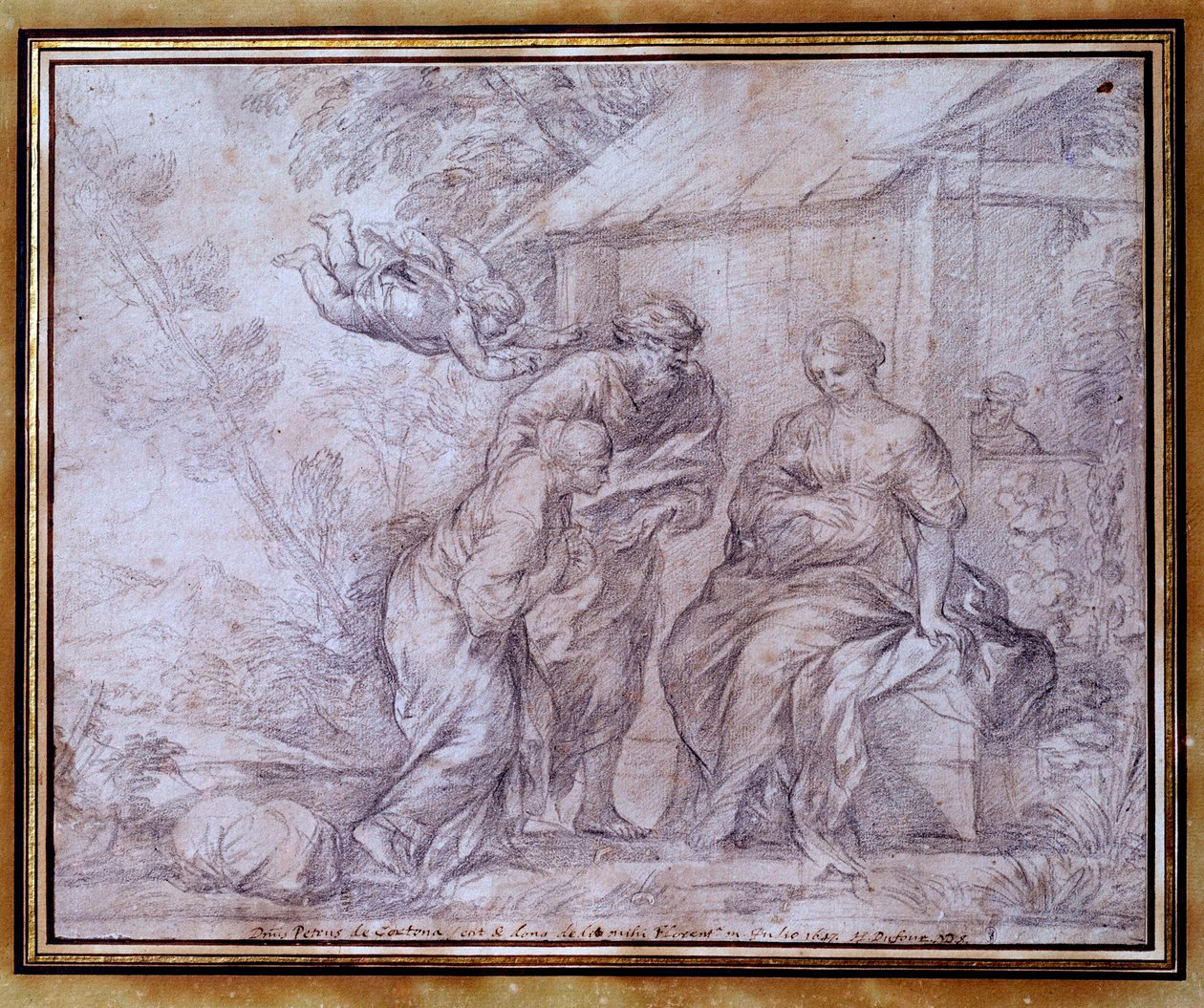 Agar Agar, Sára, Ábrahám feleségének egyiptomi rabszolgája visszatérése. Pietro Berrettini, Pierre de Cortona vagy Pietro da Cortona (1596-1669) fekete ceruzával készült rajza. 17. század. Homályos. 0,27x0,33 m. Louvre múzeum alkotó: Pietro da Cortona