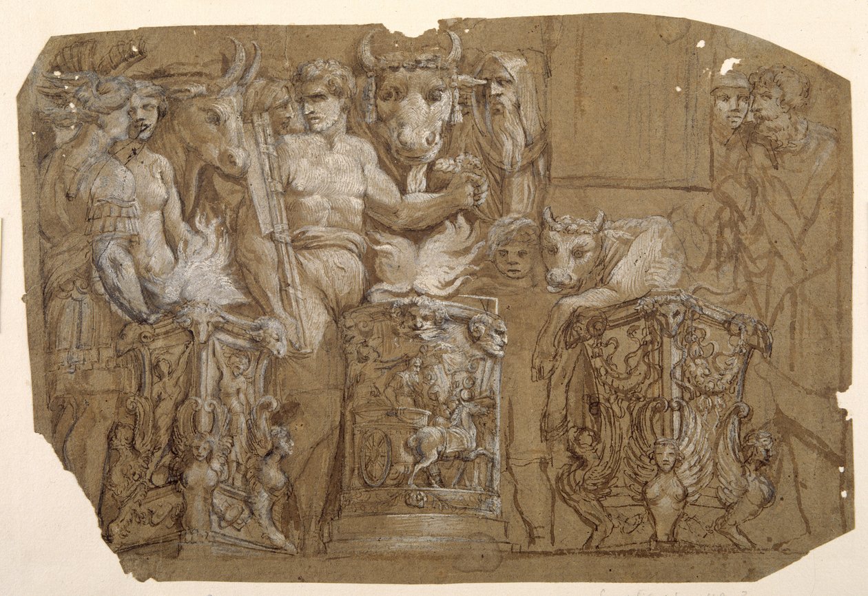 Antik áldozás és Perszeusz és Androméda házassága Polidoro da Caravaggio (kb. 1499-1543) nyomán (toll és barna tinta barna mosással, fehér testszínnel kiemelve az előzetes fekete krétával, barnára mosott papíron) alkotó: Pietro da Cortona