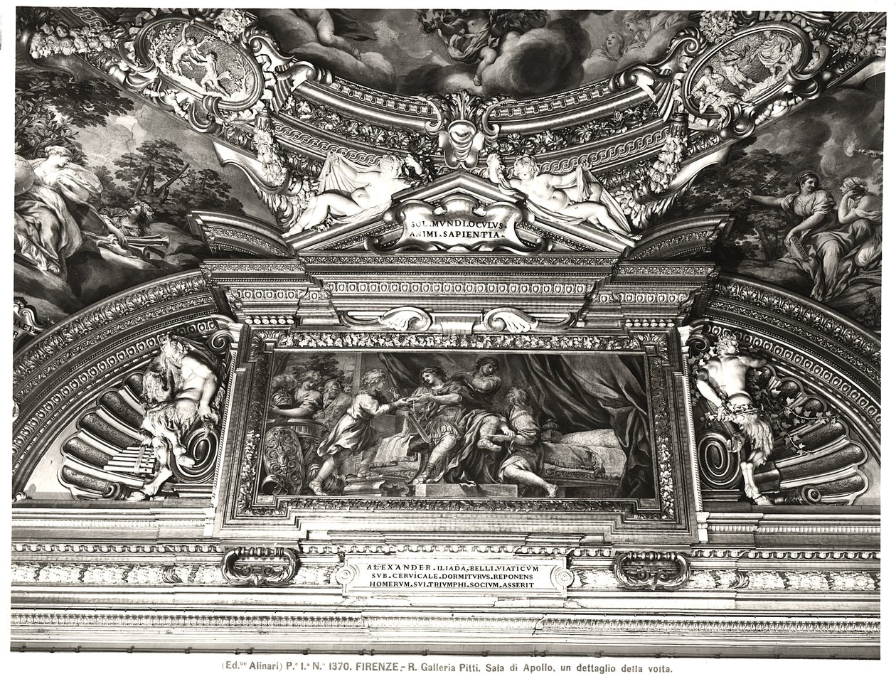 A mennyezeti dekoráció „Sala di Apollo” (Apolló-csarnoka) részlete, amely Sándor Homéroszt olvas (freskó) (f/w fotó) alkotó: Pietro da Cortona