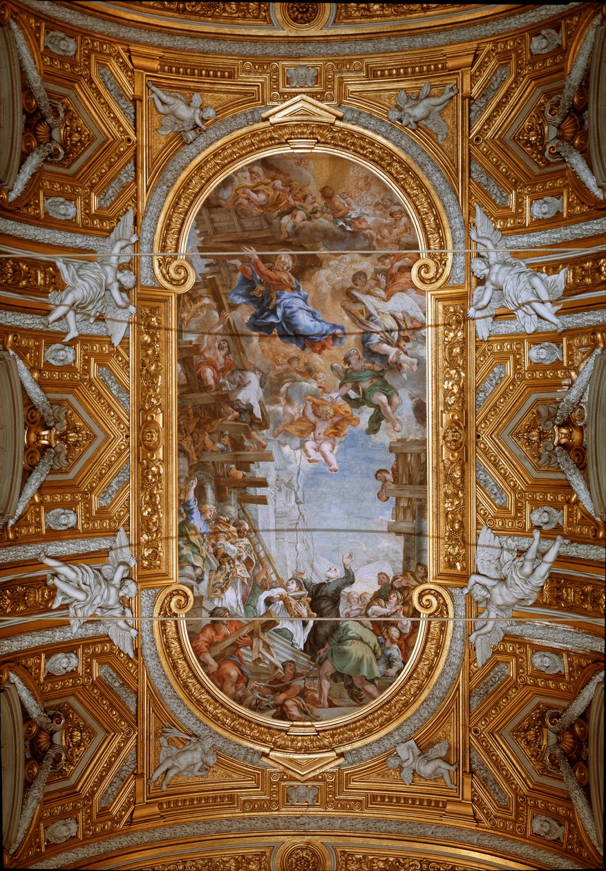 A Szűz megjelenik Neri Szent Fülöpnek (Filippo Neri) a templom építése közben. Cortonai Péter (Pietro da Cortona) (1596-1669) boltíves freskóinak megtekintése (Pietro da Cortona Madonna della Vallicella csodája, mennyezeti freskó alkotó: Pietro da Cortona