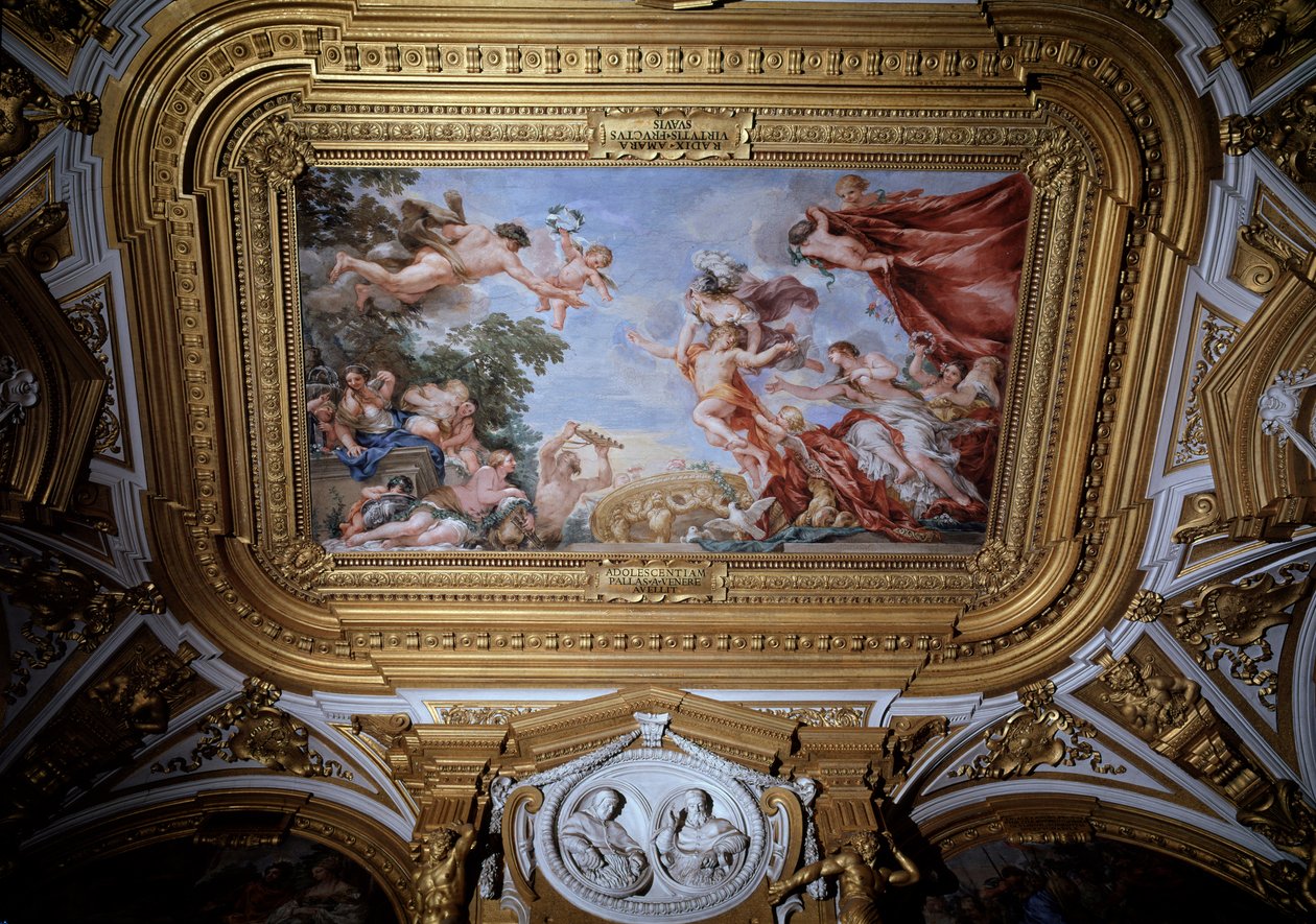A fiatal Medici I. Cosimot (I. Toszkánai Cosimo) (1519-1574) Minerva és Herkules veszi a Vénusz karjai közül (Cosimo I de Medicit, Toszkána nagyhercegét Minerva és Héraklész veszi el Vénusz karjaiból) Pietro da Cortona freskója (Berretti alkotó: Pietro da Cortona