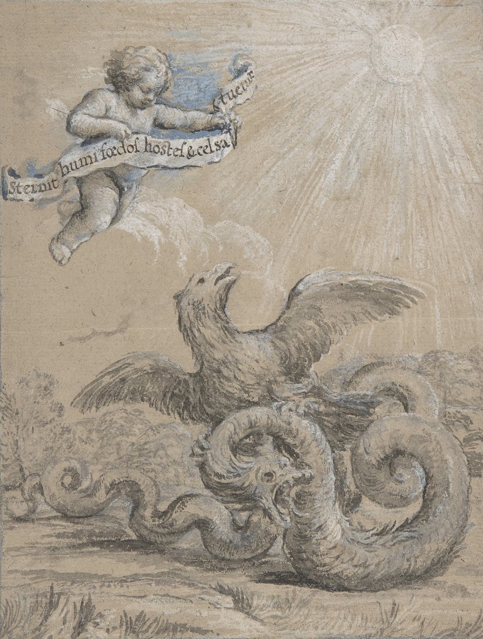 Tervezés sassal harcban kígyóval és puttóval az égen Holding..., 17. század. alkotó: Pietro da Cortona