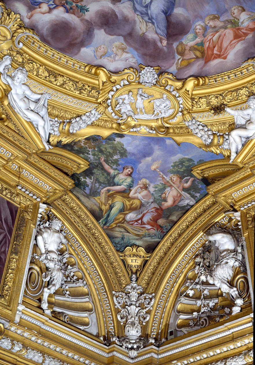 Az Apollo Sala di Apollo-terme Polyhymnia és Erato múzsákat ábrázoló pendentiv részlete, 1647 körüli freskó alkotó: Pietro da Cortona