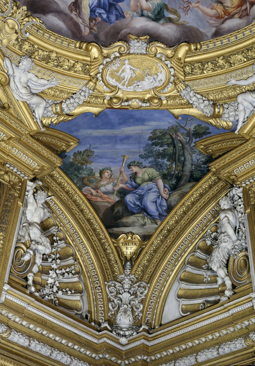 Az Apollo Sala di Apollo-terme Thalia és Clio múzsákat ábrázoló pendentiv részlete, 1647 körüli freskó alkotó: Pietro da Cortona