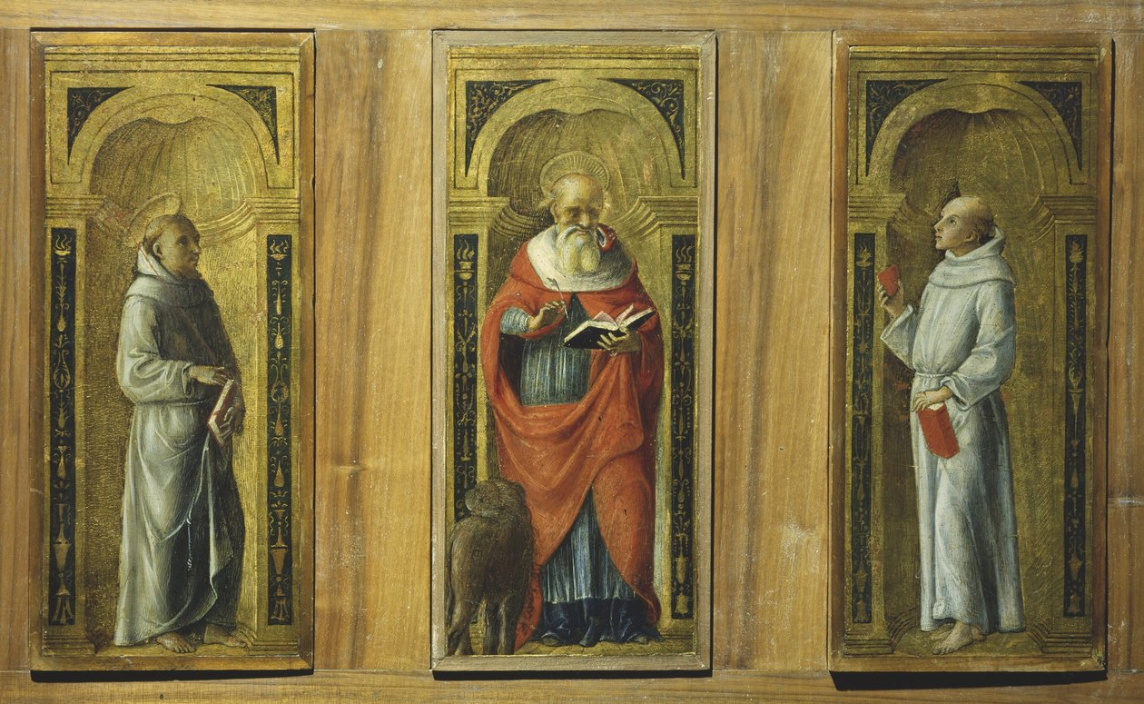 Három tábla – Szent Ferenc, Szent Jeromos és Páduai Szent Antal, 1480 körül (tempera a panelen) alkotó: Pietro di Francesco degli (circle of) Orioli