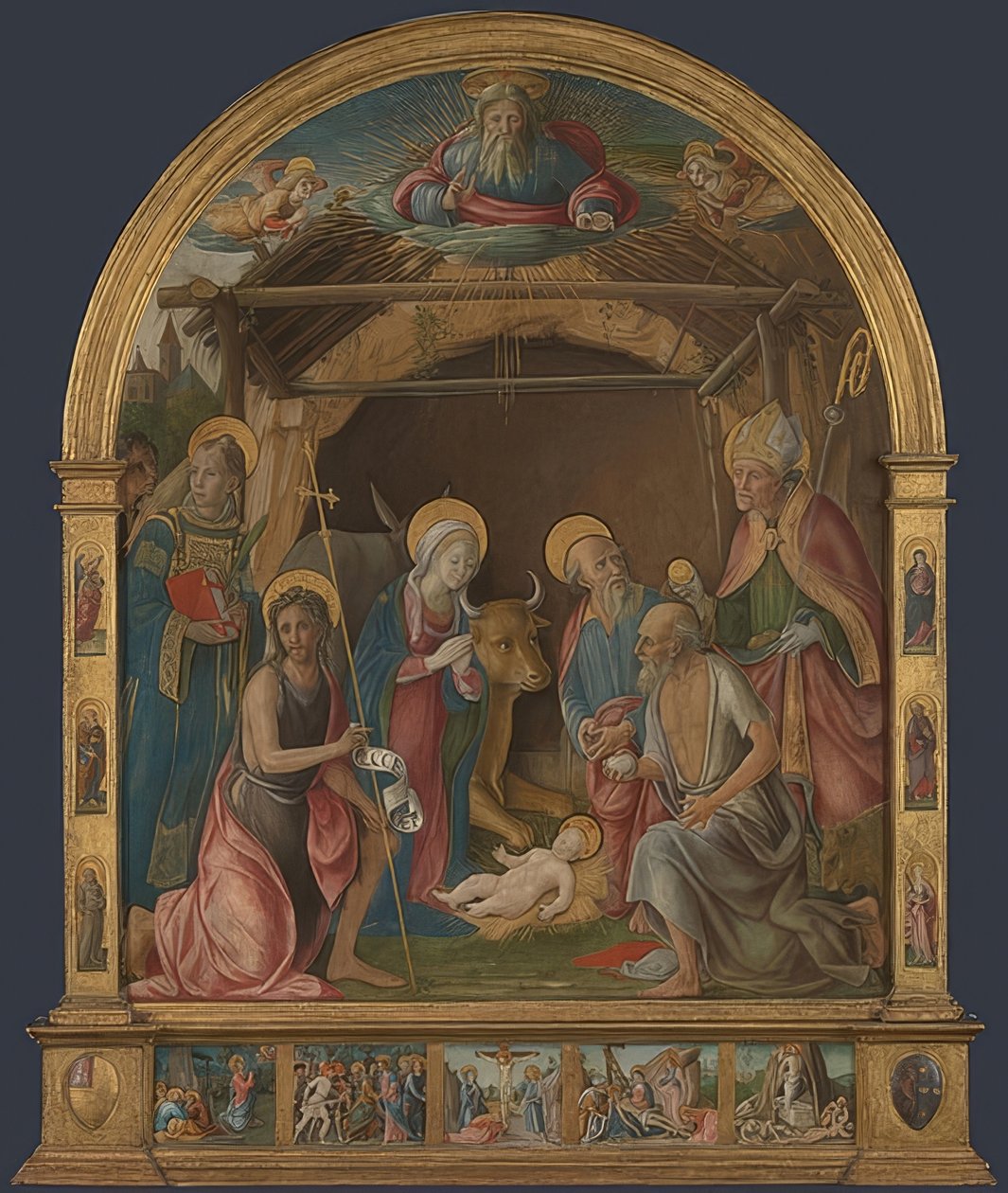 Születés a szentekkel. Valószínűleg 1485-95 körül alkotó: Pietro di Francesco degli Orioli