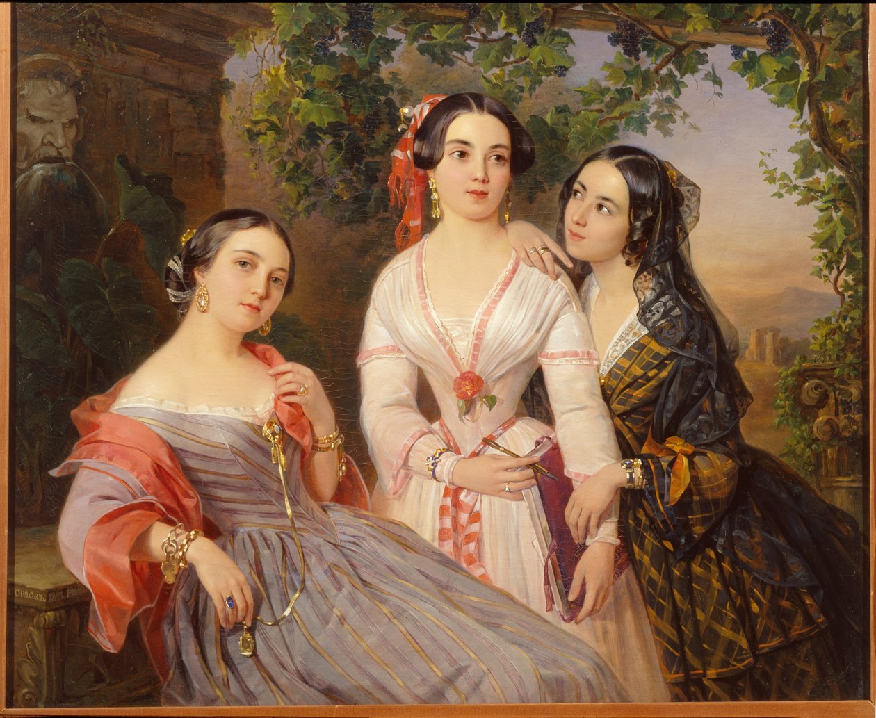 Portraits des soeurs la comtesse Elisabeth Salias de Tournemire (1815-1892), Sophia Soukhovo Kobylina (Soukhovo-Kobylina) (1825-1867) és Eudokia Petrovo Solovovo – Peinture de Pimen Nikitich Orlov (1632 olaj, 163) alkotó: Pimen Nikitich Orlov