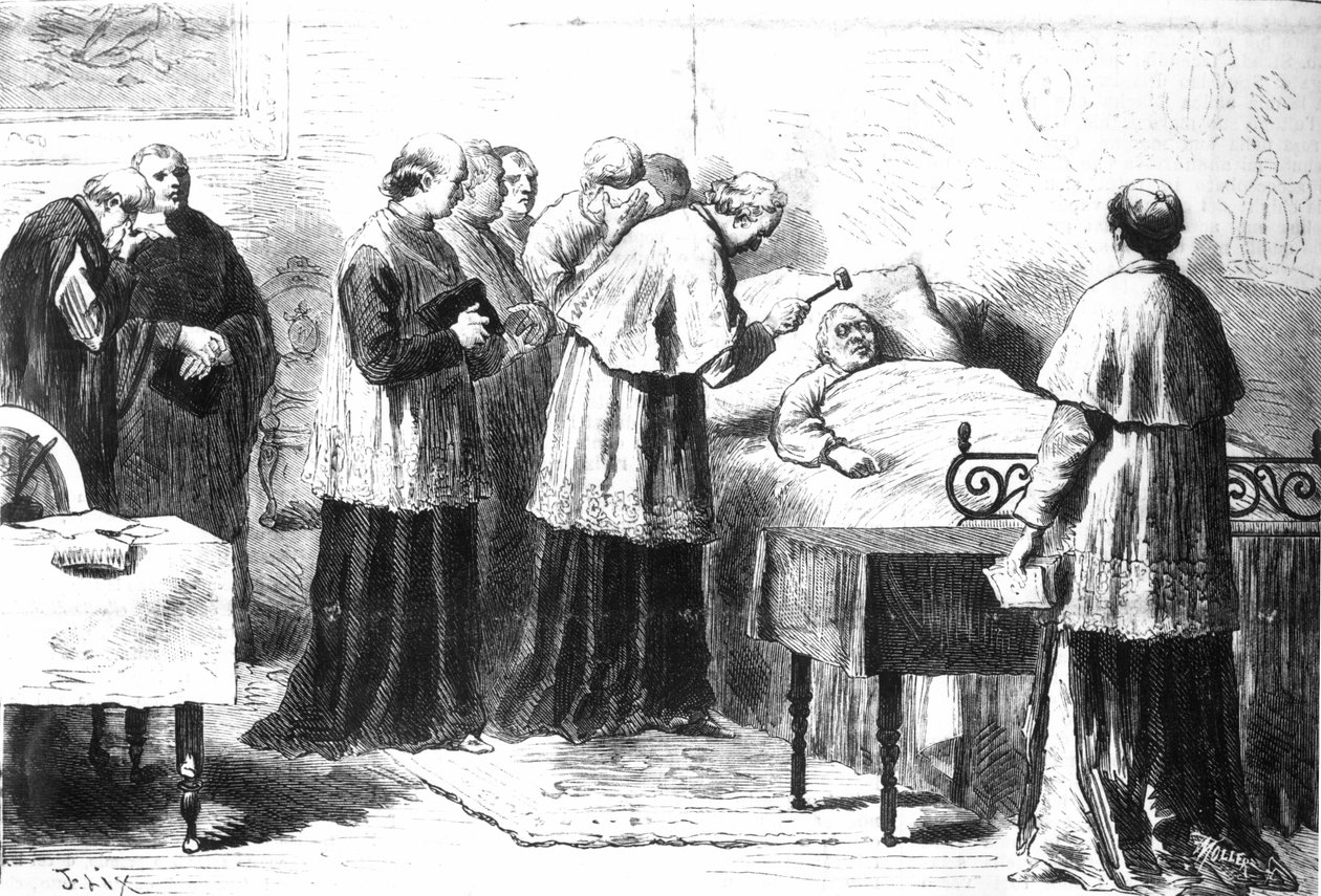 IX. Pius halálának igazolása az ezüst kalapáccsal, a „Revista illustrata”-ból, 1878. február 24. alkotó: Pio Joris