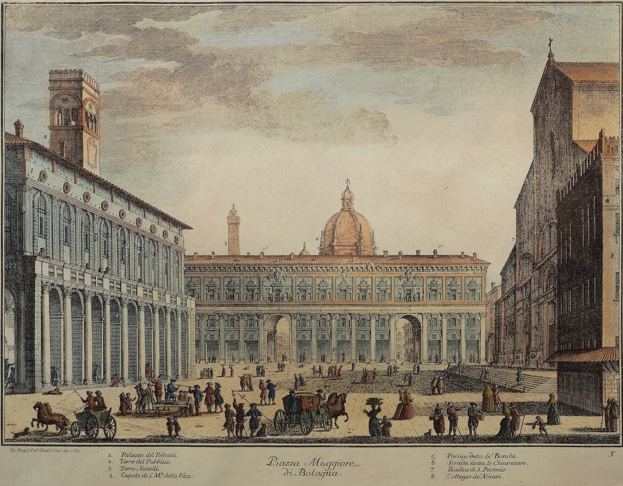 Olaszország, Bologna, Piazza Maggiore vagy Piazza Grande, Pio Panfili, metszet alkotó: Pio Panfili