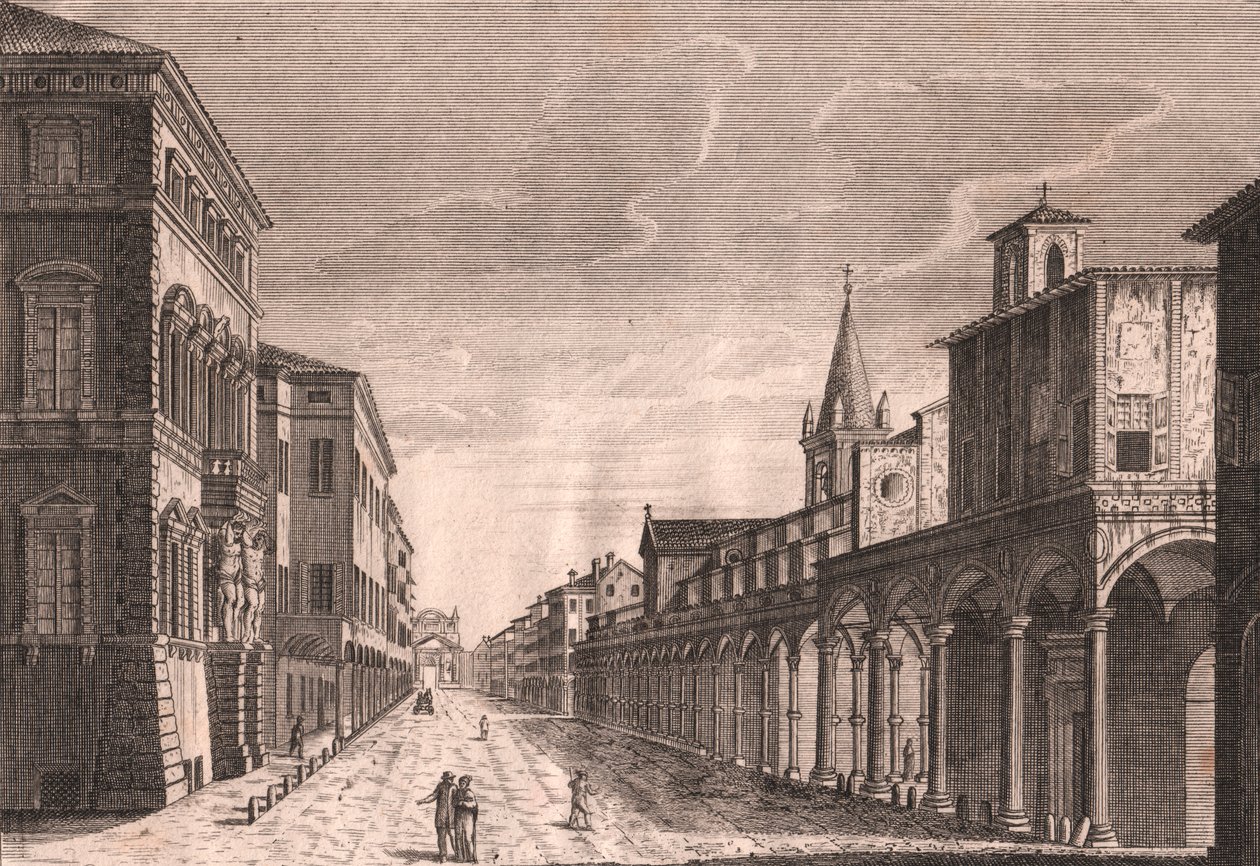 A Strada Maggiore látképe Bolognában, Emilia-Romagna, Olaszország, C Lambertini rézmetsze Pio Panfili (1723-1812) rajza alapján, kb 13,5x19 cm alkotó: Pio Panfili