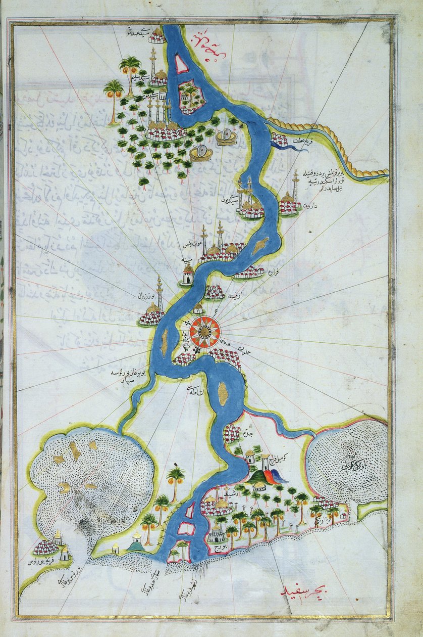 MS W.658 fol.304v A Nílus térképe a Kitab-I Bahriye-ból (tempera, arany és tinta papíron) alkotó: Piri Reis