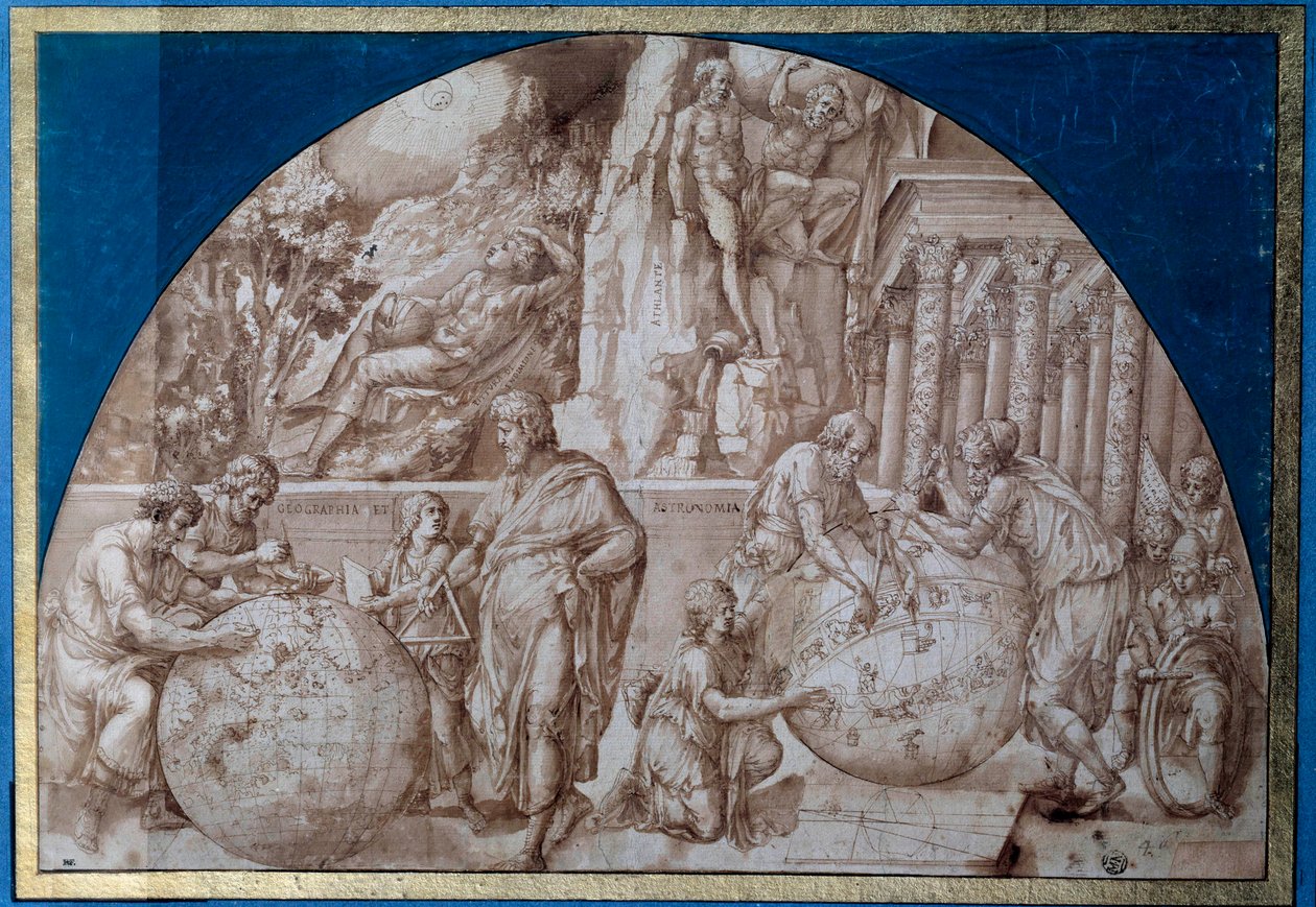 Csillagászati allegória. A tudósok méréseket végeznek a földgömbön. Pirro Ligorio rajza barna tussal (kb. 1500-1583) 16. századi Párizs, Louvre Múzeum alkotó: Pirro Ligorio