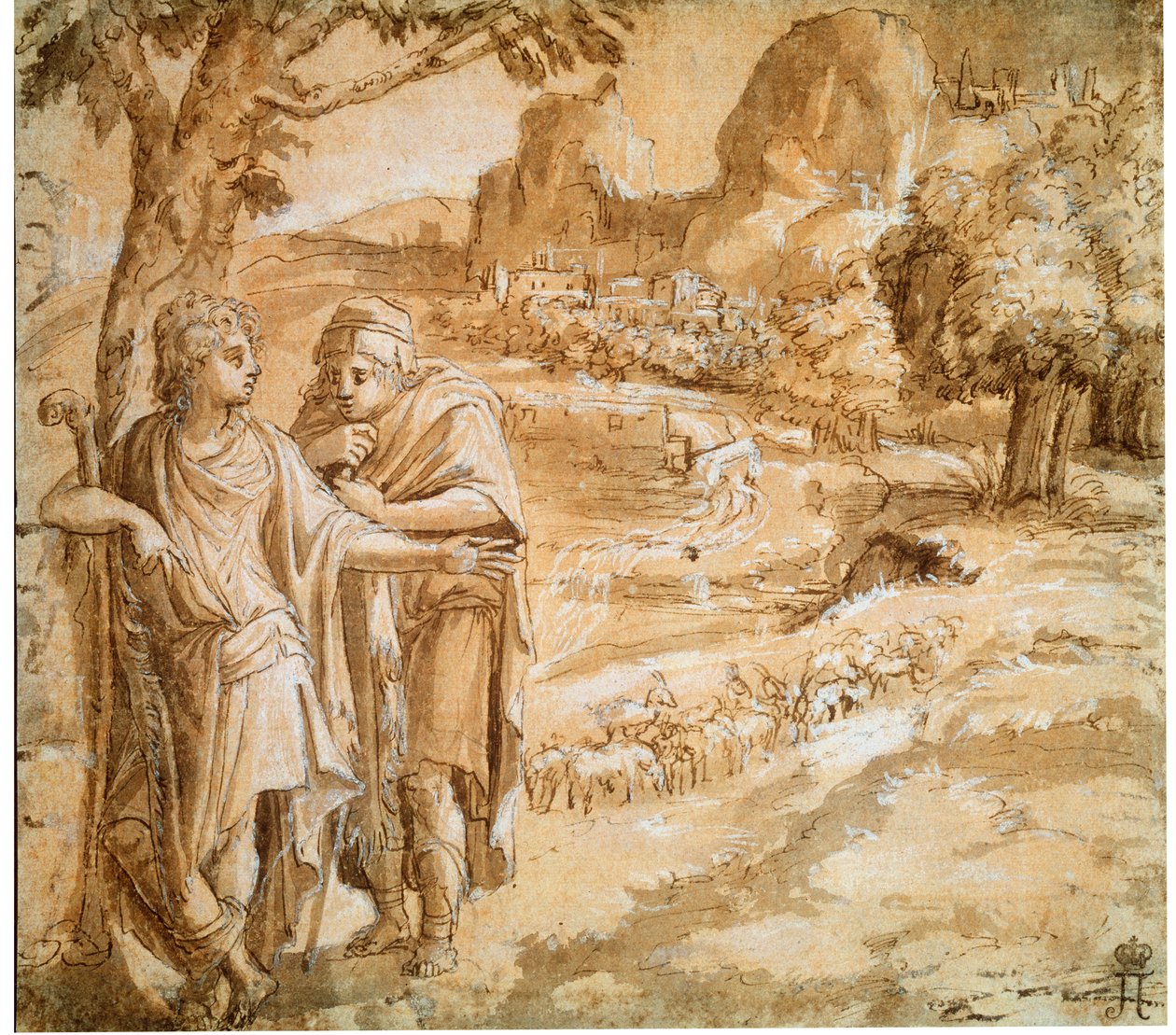 Pásztor és zarándok egy tájban”, 1550 alkotó: Pirro Ligorio