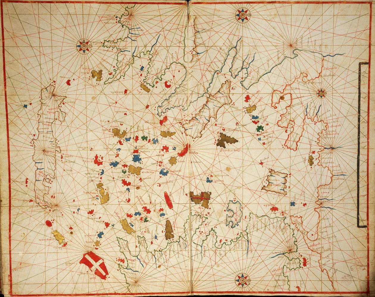 Égei-tenger, hat diagramból álló portolán atlaszból, Placido Caloiro és Francesco Oliva, Pergamen. 1646. alkotó: Placido Caloiro e Oliva