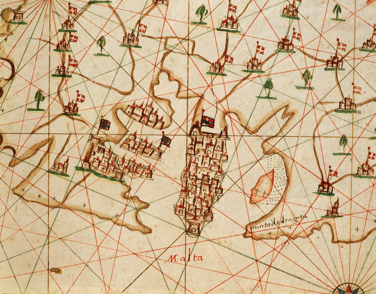 Málta szigete, a hat diagramból álló portolán atlaszból, Placido Caloiro és Francesco Oliva, Pergamen. 1646. alkotó: Placido Caloiro e Oliva