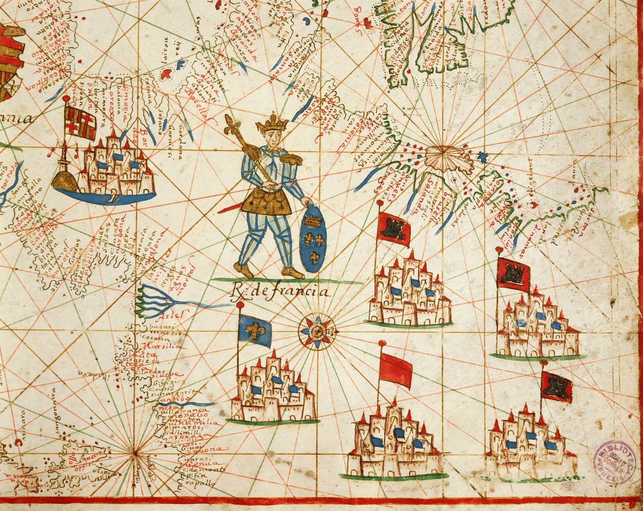 Francia Királyság, a hat diagramból álló portolán atlaszból, Placido Caloiro és Francesco Oliva, Pergamen. 1646. alkotó: Placido Caloiro e Oliva