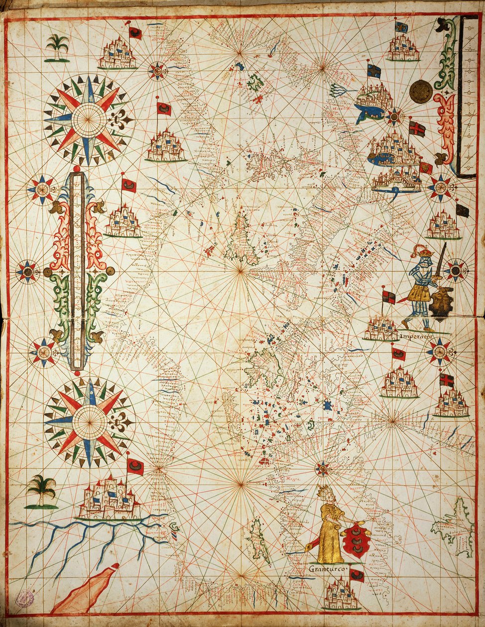 Földközi-tenger, hat diagramból álló portolán atlaszból, Placido Caloiro és Francesco Oliva, Pergamen. 1646. alkotó: Placido Caloiro e Oliva