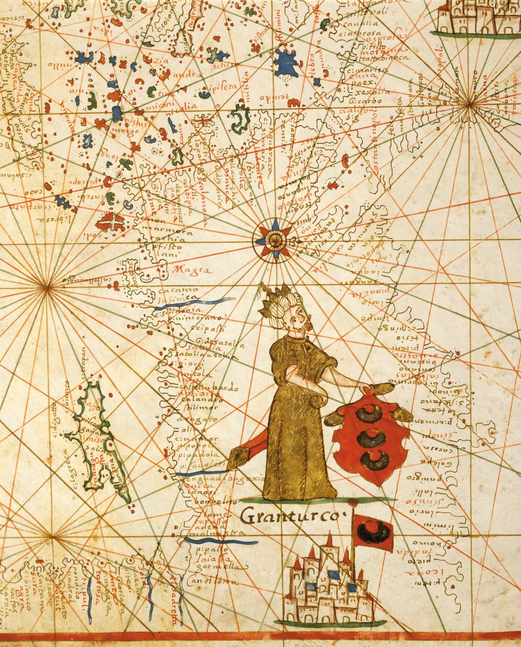 Oszmán birodalom, a hat diagramból álló portolán atlaszból, Placido Caloiro és Francesco Oliva, Pergamen. 1646. alkotó: Placido Caloiro e Oliva