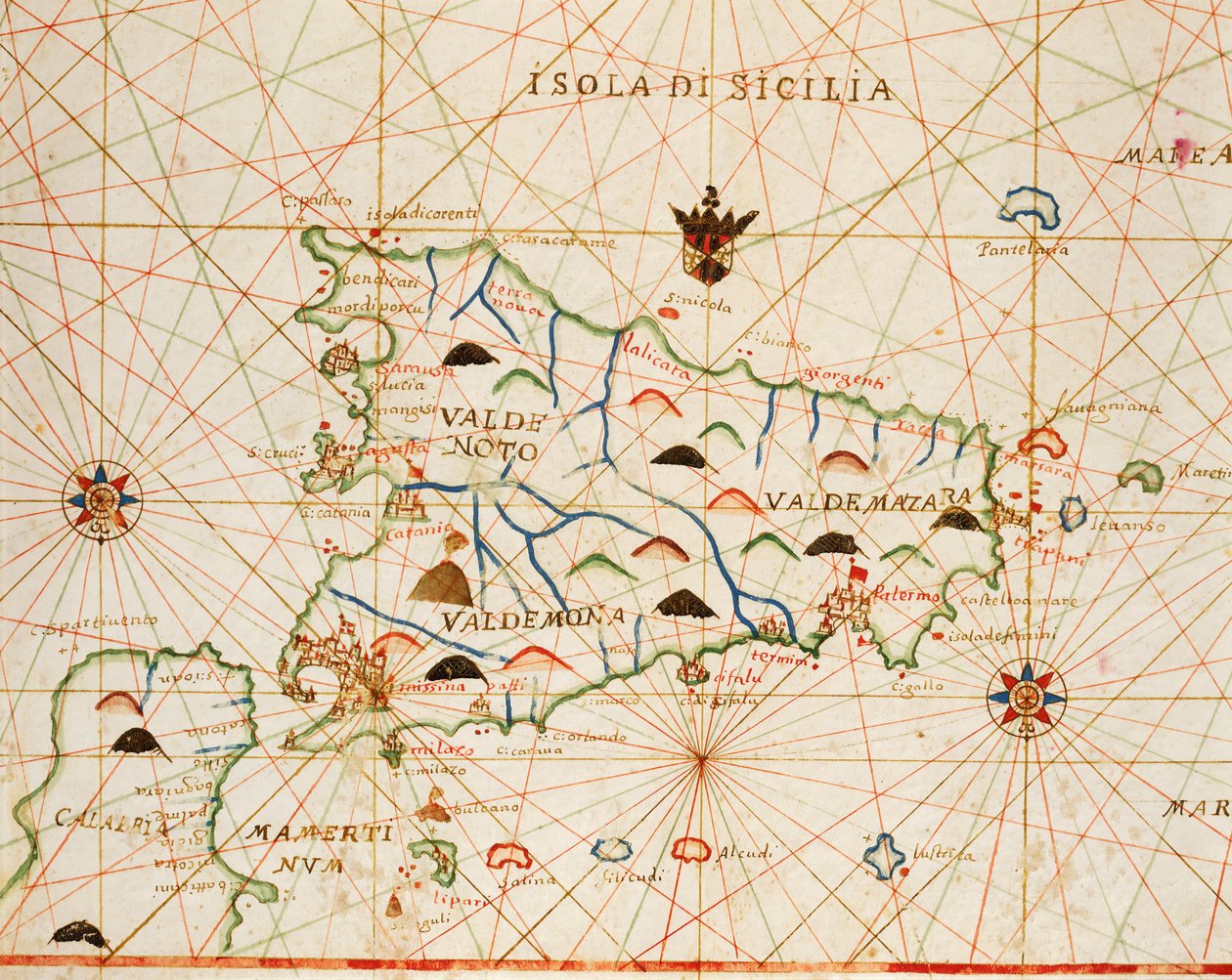 Szicília a Portolan atlaszból, amely hat diagramból áll, Placido Caloiro és Francesco Oliva, Pergamen. 1646. alkotó: Placido Caloiro e Oliva