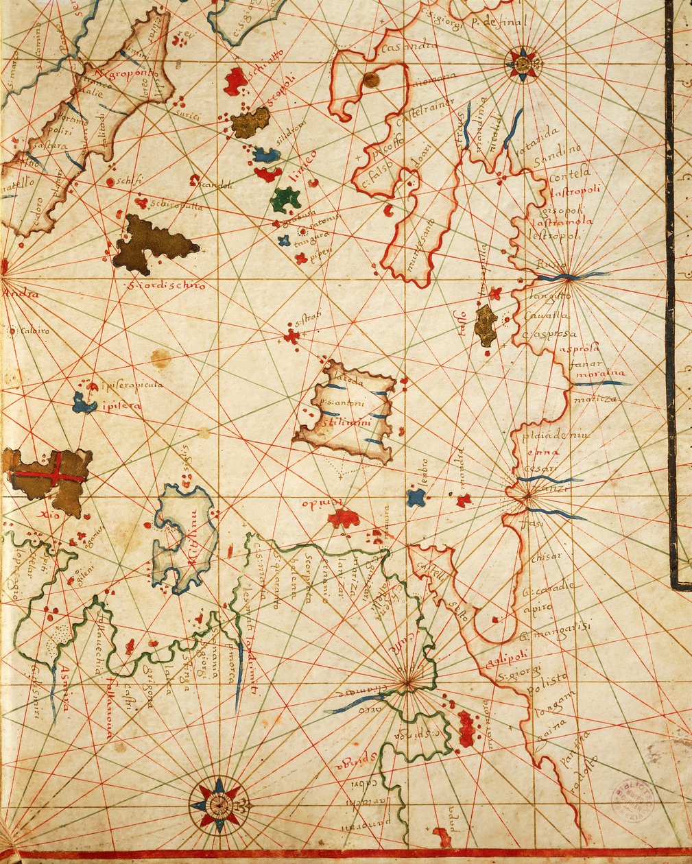 A Peloponnészosz, a hat diagramból álló portolán atlaszból, Placido Caloiro és Francesco Oliva, Pergamen. 1646. alkotó: Placido Caloiro e Oliva