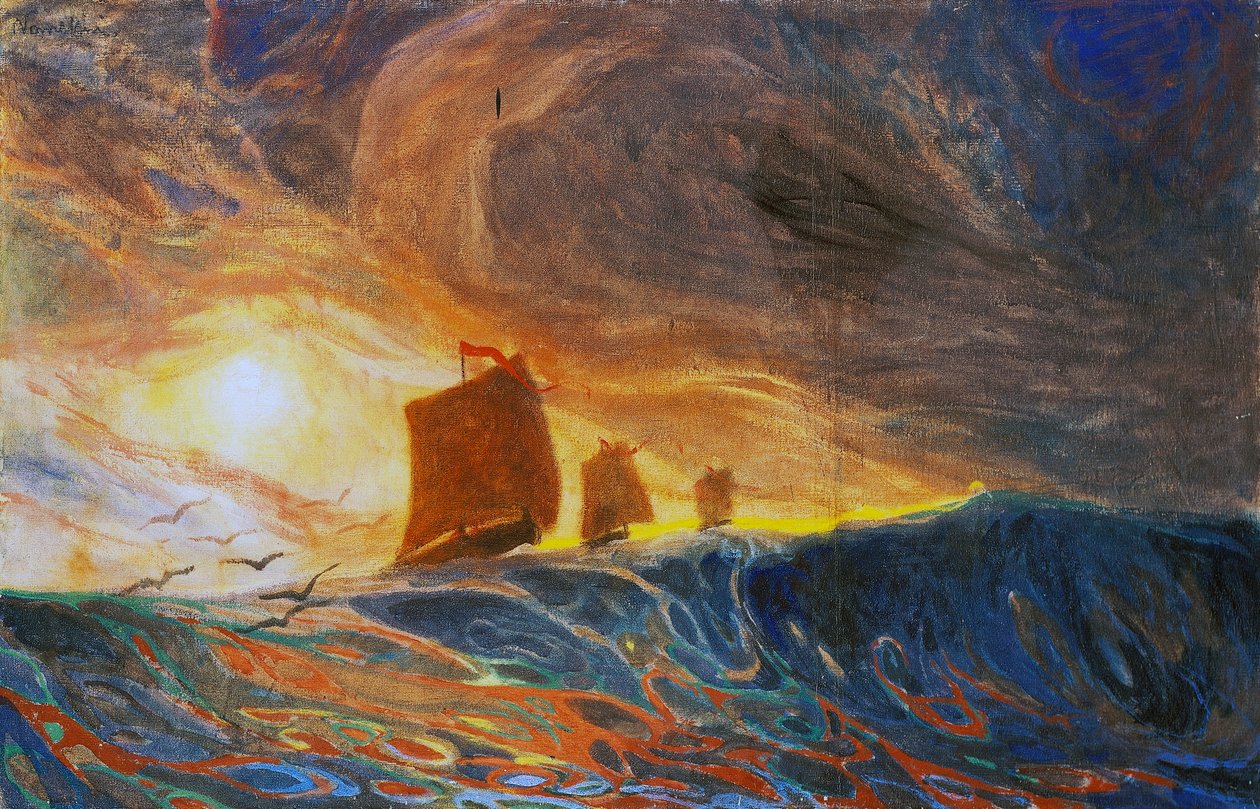 Marina és sirályok, Plinio Nomellini (1866-1943), tempera, vászon, 97x149 cm alkotó: Plinio Nomellini