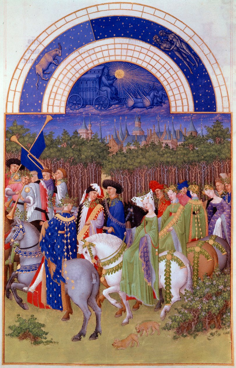 Nemesekből és zenészekből álló csapat lóháton, kilátás a riomi hercegi palotára (?) és a májusra. Pol De Limburg flamand miniatúrája (15. század) „Berry herceg igen gazdag órái” kéziratból alkotó: Pol de Limbourg
