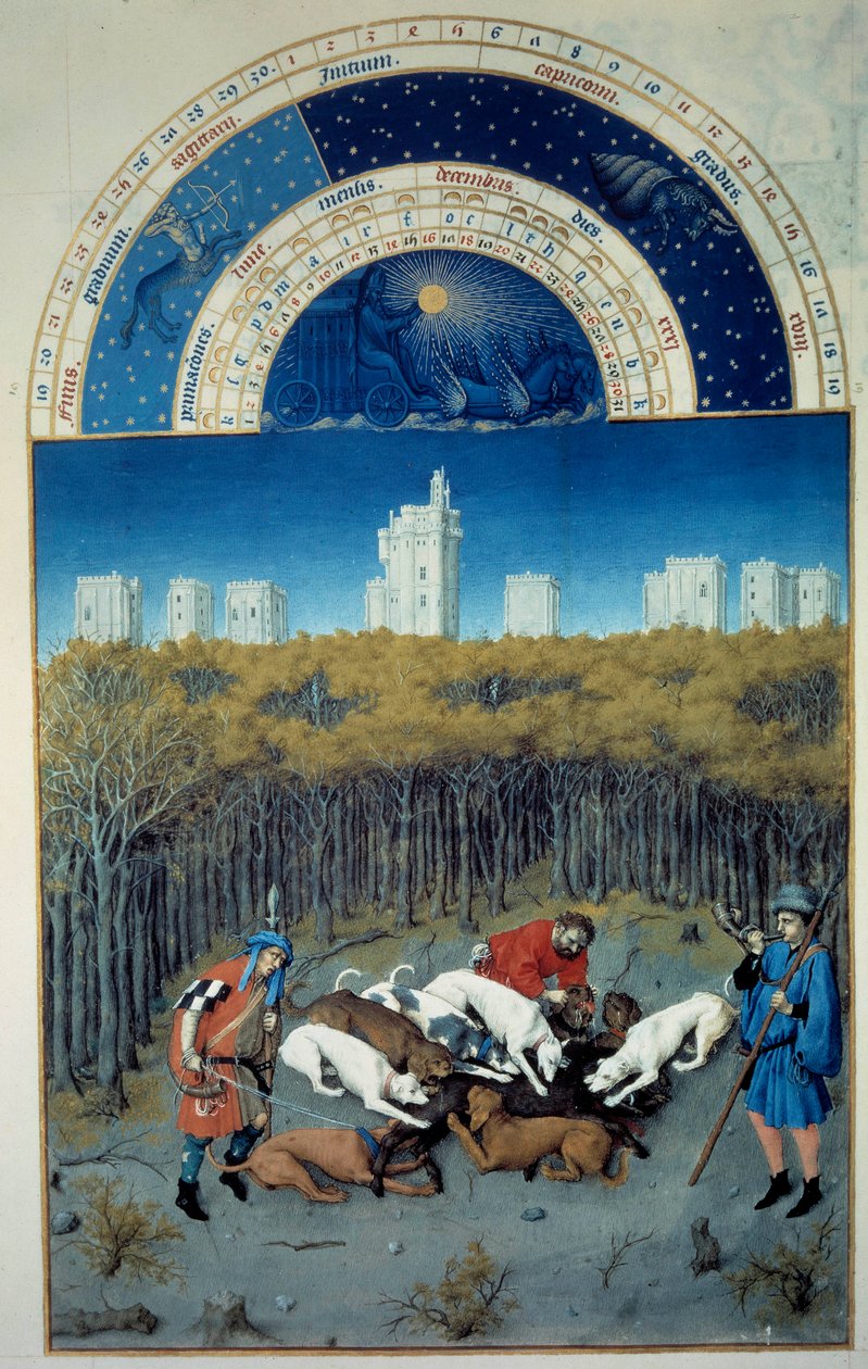 December: vadászjelenet. Pol De Limburg (15. század) Vincennes flamand miniatúrájának háttérnézetében a „Berry herceg igen gazdag órái” kéziratból. alkotó: Pol de Limbourg