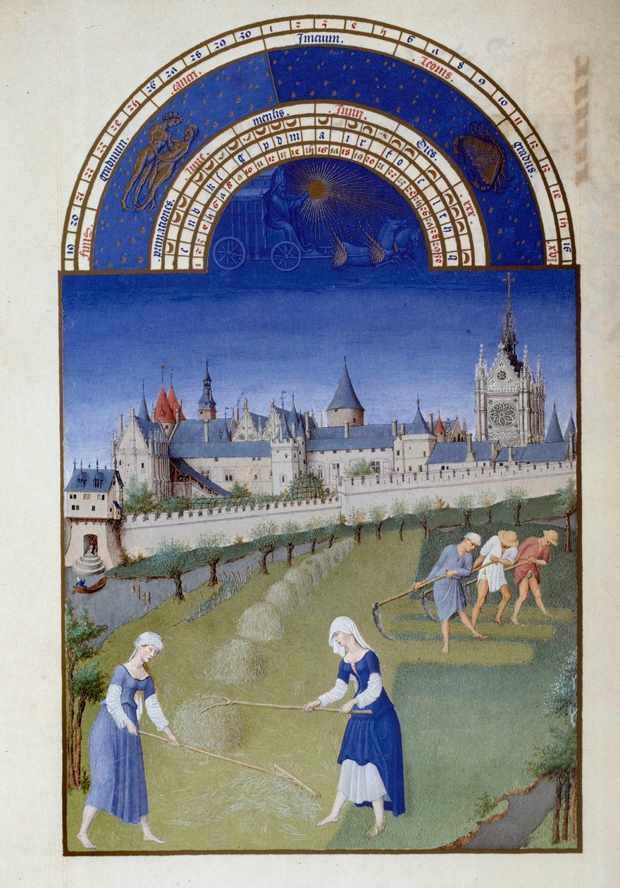 június: széna. Hátul a Pol De Limburg flamand miniatűr Szent Kápolna palotája (XV. század) „Berry herceg igen gazdag órái” kéziratból. alkotó: Pol de Limbourg