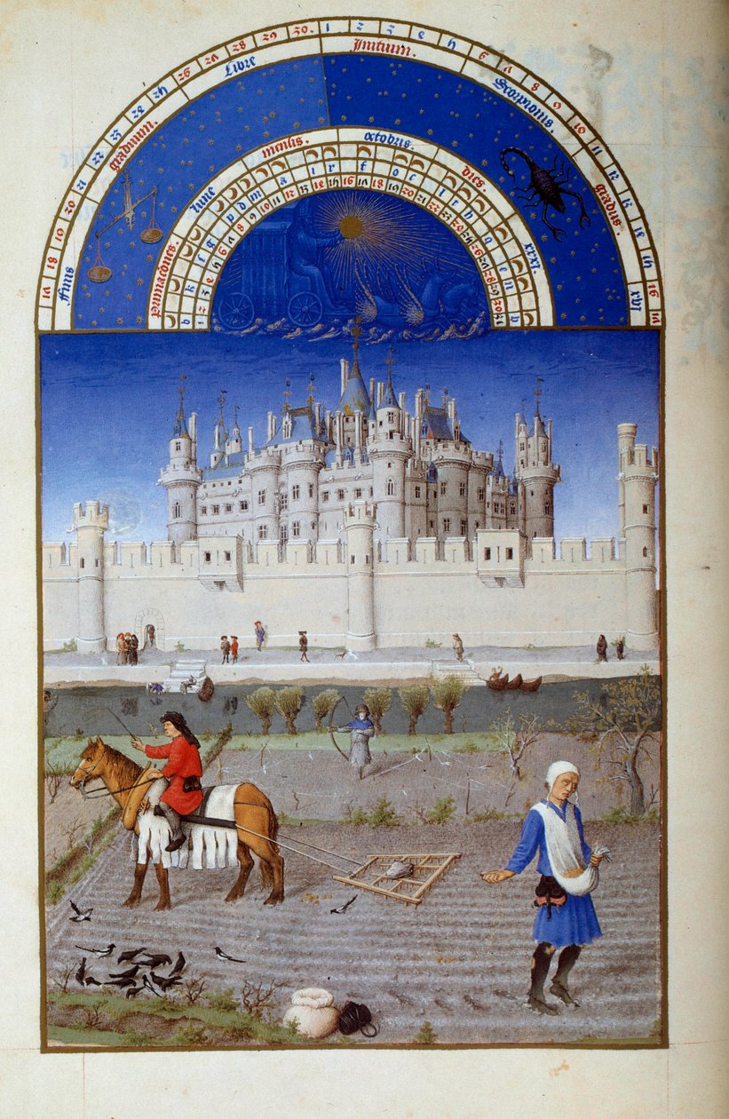Október: vetés. A háttérben Limburgi Pol flamand Louvre miniatúrája a „Jó mórok könyvéből” Jacques the Great (1360-1415/1418), Berry János hercegnek szentelt. alkotó: Pol de Limbourg