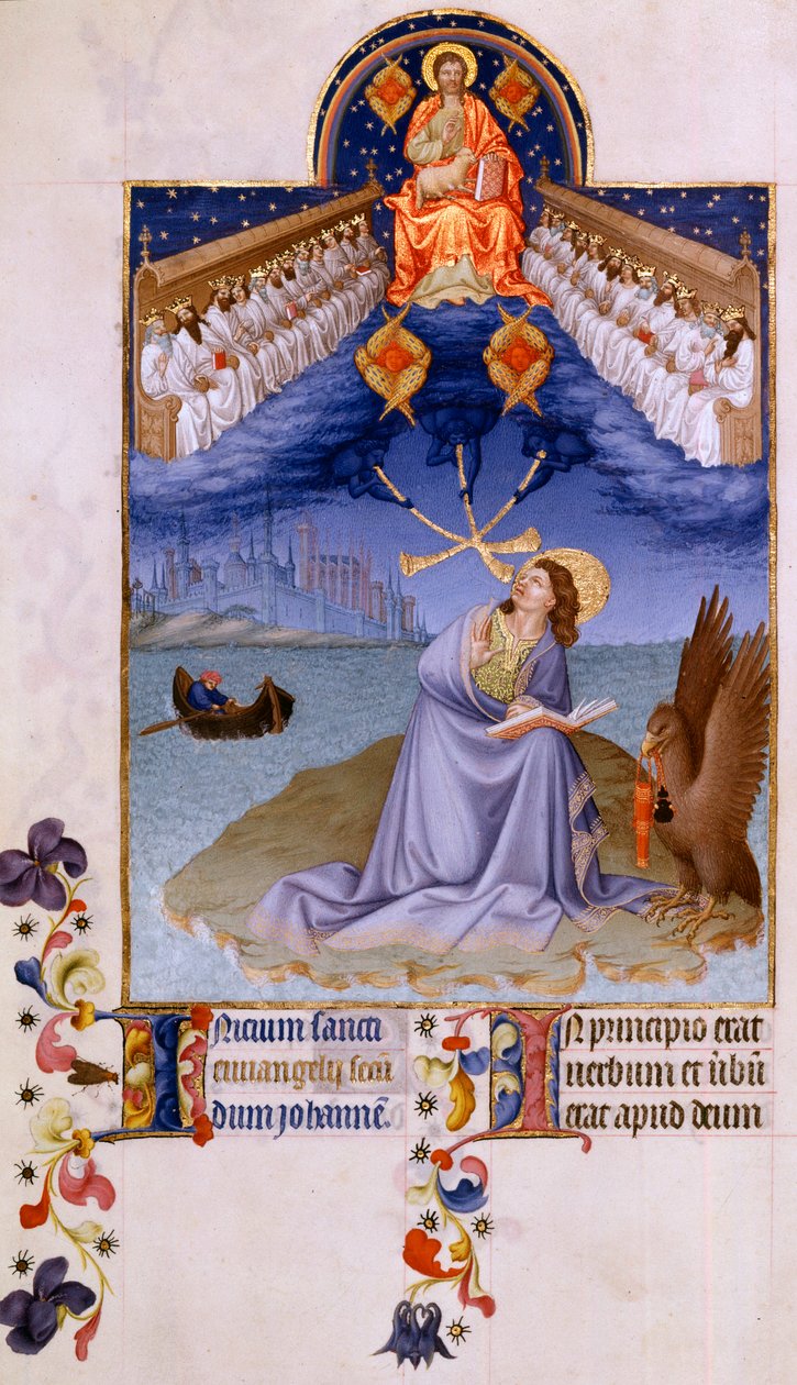 Szent János Patmoszban. „” Miniatűr a „Berry herceg igen gazdag órái” című filmben, Pol De Limburg (15. század). Chantilly, Musee Conde alkotó: Pol de Limbourg