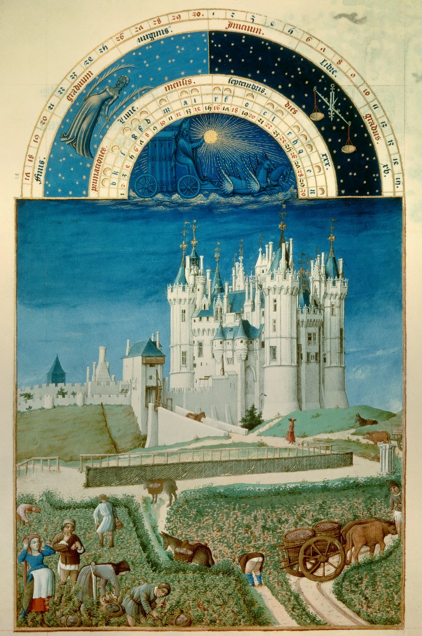 Szeptember: betakarítás. A háttérben Saumur miniatűr flamand kastélya, Pol De Limburg (15. század) „A Berry herceg igen gazdag órái” című kéziratából. alkotó: Pol de Limbourg