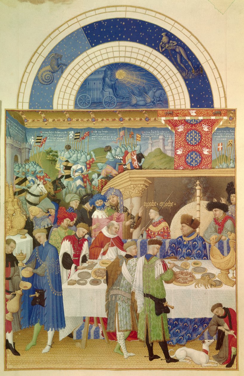 A Duke of Berry asztala és január hónapja. Pol De Limburg flamand miniatúrája (15. század) „A bogyó hercegének igen gazdag órái” kéziratból alkotó: Pol de Limbourg