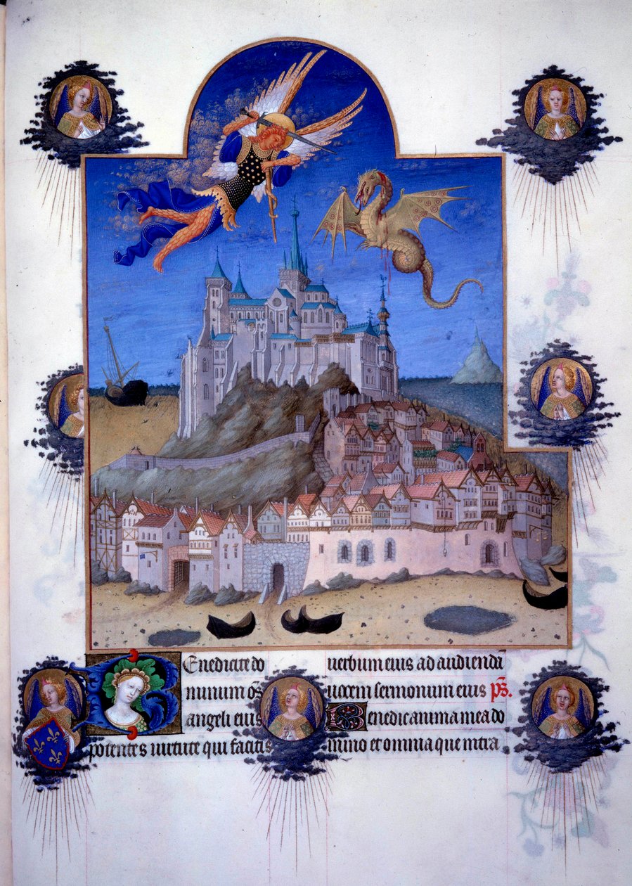 Kilátás a Mont Saint Michelre (Mont-Saint-Michel): Saint Michel arkangyal és a sárkányszárny a levegőben harcoló ábrázolásban. Flamand miniatúra Pol de Limburgból, Jacques the Great (1360-1415/1418) „A jó mórok könyvéből”, Jánosnak ajánlott alkotó: Pol de Limbourg