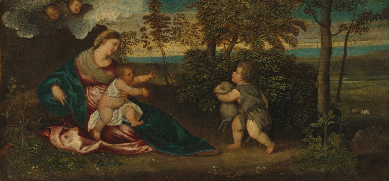 Madonna és a gyermek és a csecsemő Szent János egy tájban, 1540-50 alkotó: Polidoro Lanzani