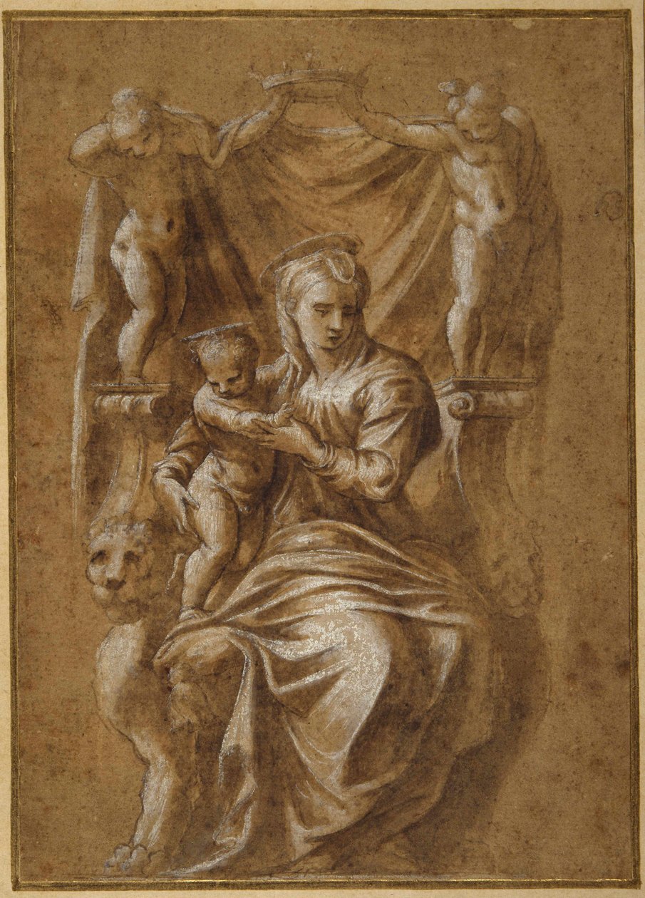 A Madonna és a gyermek trónol (toll és barna tinta testszínnel a papíron) alkotó: Polidoro da (follower of) Caravaggio