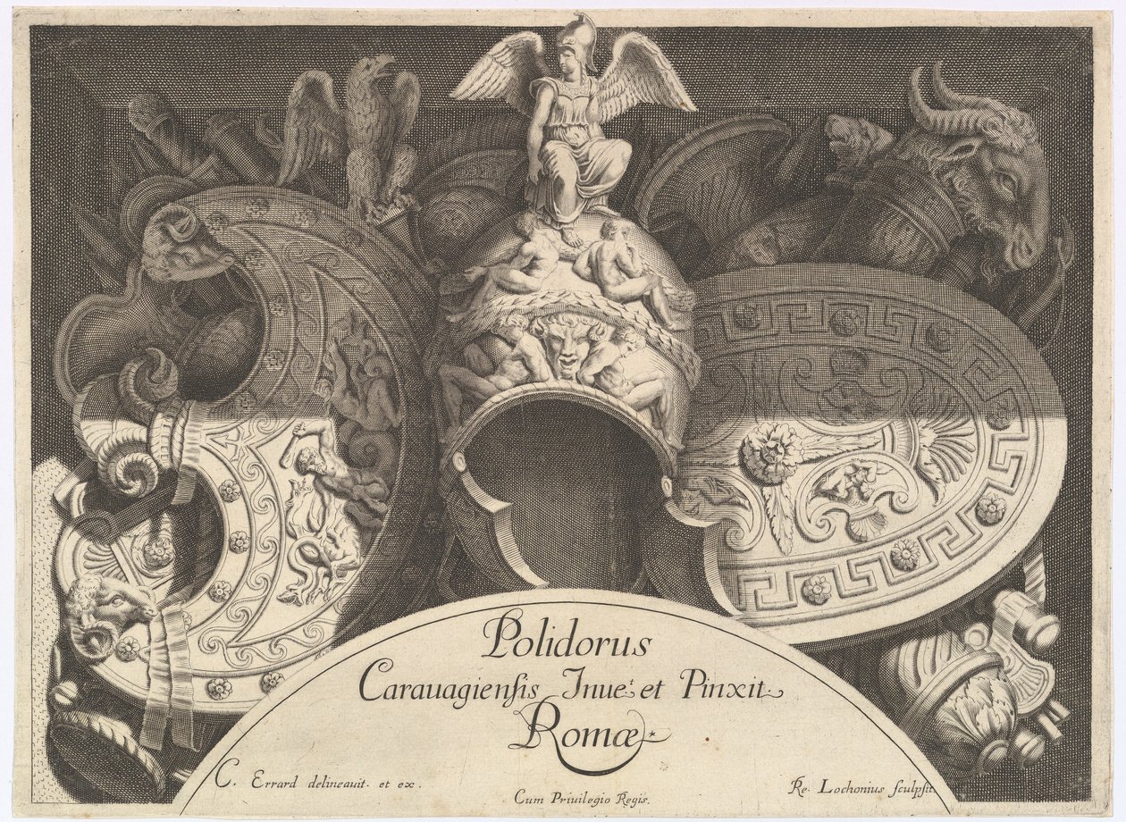 Divers Trophées fegyvertrófeák a római Palazzo Milesi homlokzata után, 1651 alkotó: Polidoro da Caravaggio