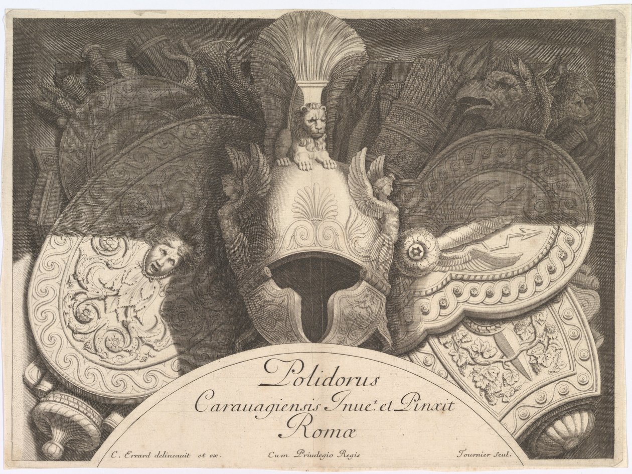 Divers Trophées fegyvertrófeák a római Palazzo Milesi homlokzata után, 1651. Alkotók: Polidoro da Caravaggio, Rene Lochon. alkotó: Polidoro da Caravaggio