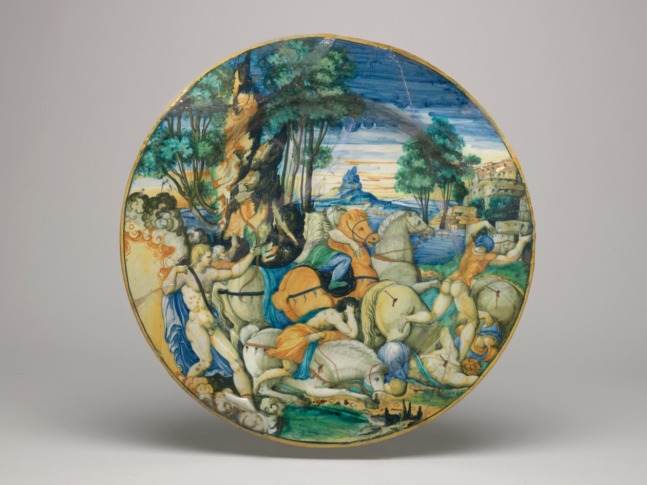 Maiolica edény, Apolló, aki megöli Niobe fiait – 64 körüli alak, sima peremmel, tálalap, 1548 alkotó: Polidoro da Caravaggio