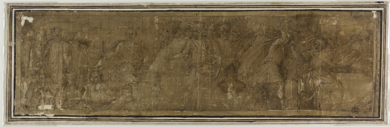 Mucius Scaevola átkel a Tiberisen, Porsennát szándékozik meggyilkolni, de tévedésből megöli pénztárosát alkotó: Polidoro da Caravaggio