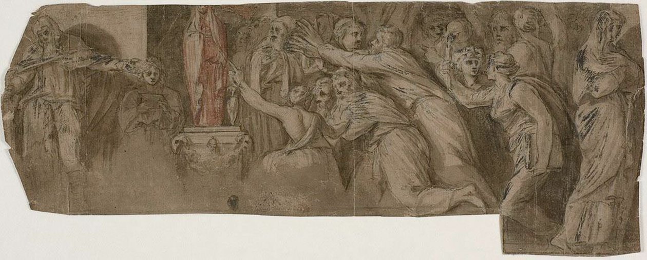 Niobe története: Papok és imádók Niobe szobra előtt alkotó: Polidoro da Caravaggio